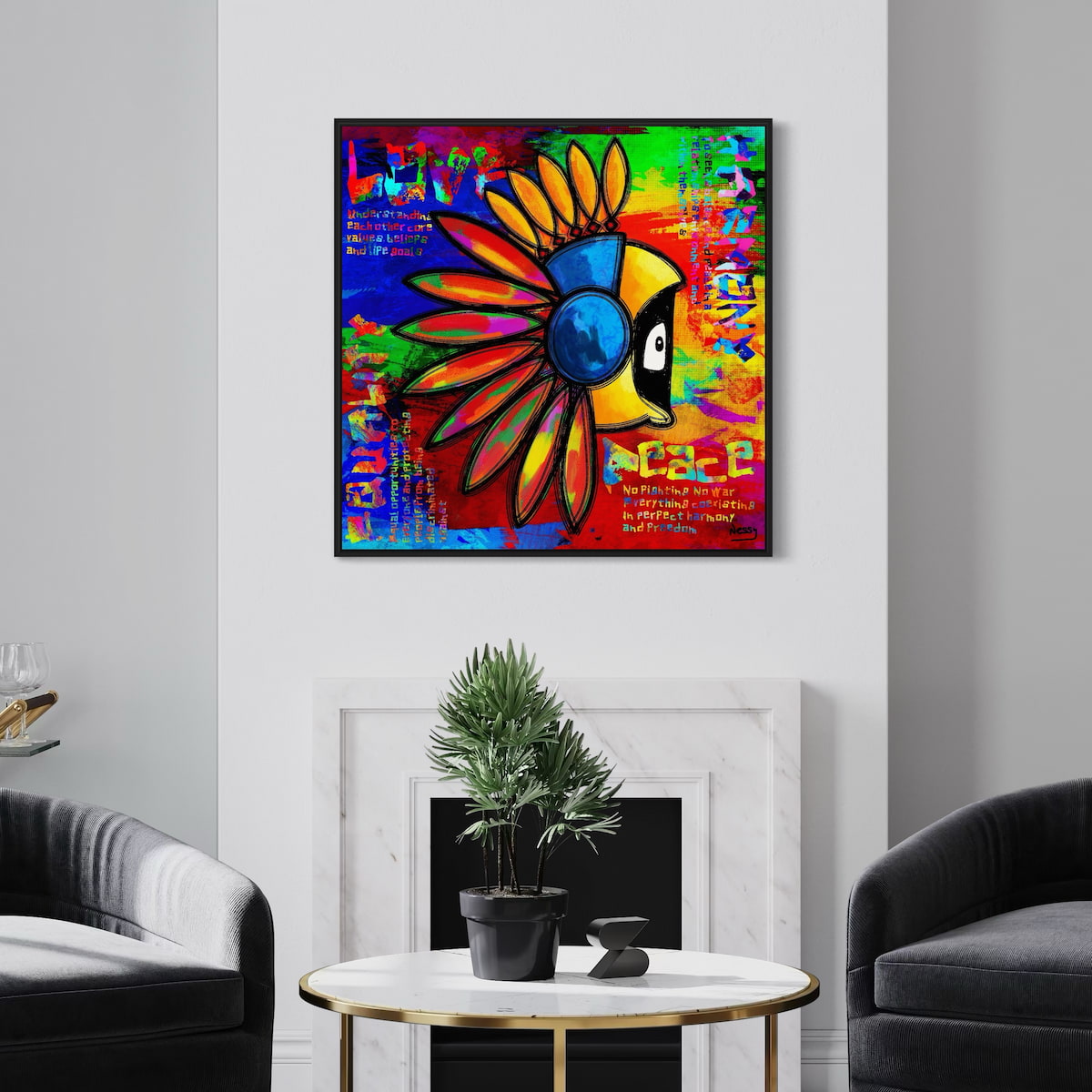 Colorful abstract artwork with Hoodie Boy in an Indian headdress and text in a modern living room.