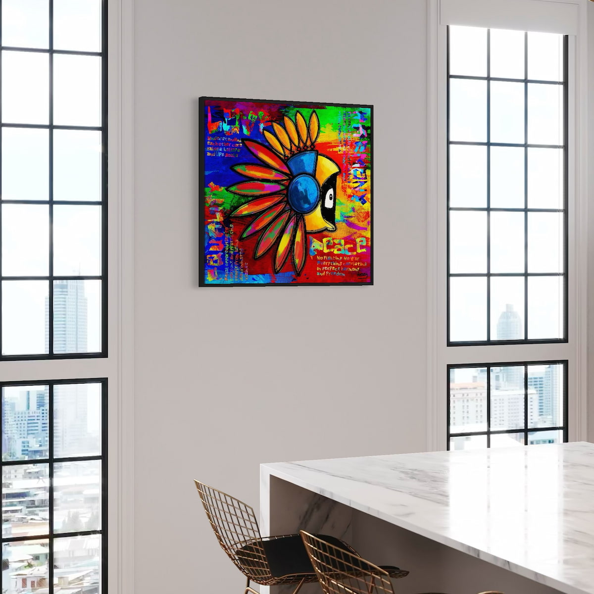 Colorful abstract artwork with Hoodie Boy in an Indian headdress and text on a wall in a modern office setting with large windows.