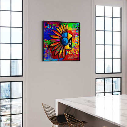 Colorful abstract artwork with Hoodie Boy in an Indian headdress and text on a wall in a modern office setting with large windows.