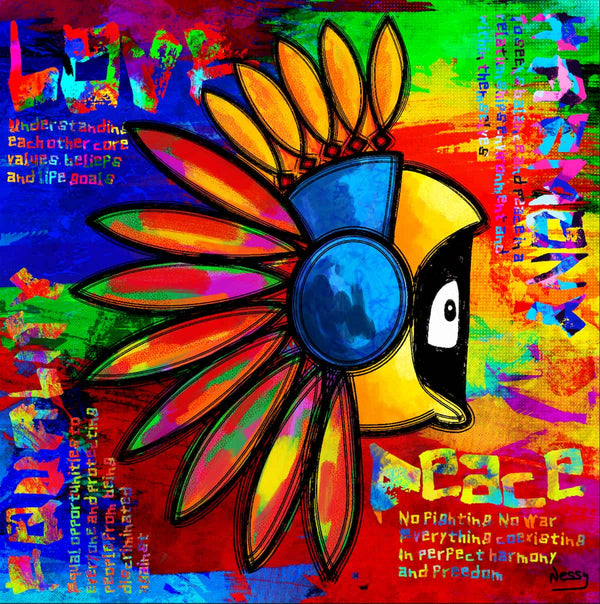 Colorful abstract artwork with Hoodie Boy in an Indian headdress and text on a multicolored background