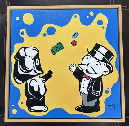 Framed artwork with Hoodie Boy and The Monopoly Man on a blue and yellow background with a wooden frame.