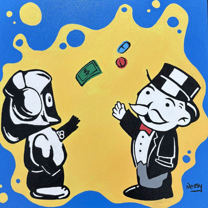 Painting with Hoodie Boy and The Monopoly Man in a stylized painting with a blue and yellow background