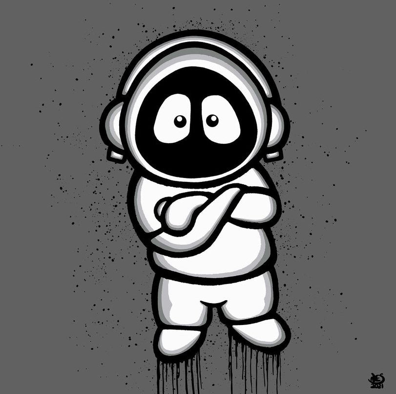 Black and white artwork of Hoodie Boy, arms folded, on a gray background.