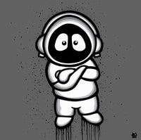 Black and white artwork of Hoodie Boy, arms folded, on a gray background.