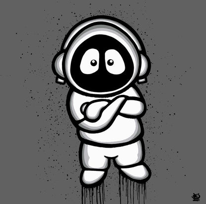 Black and white artwork of Hoodie Boy, arms folded, on a gray background.