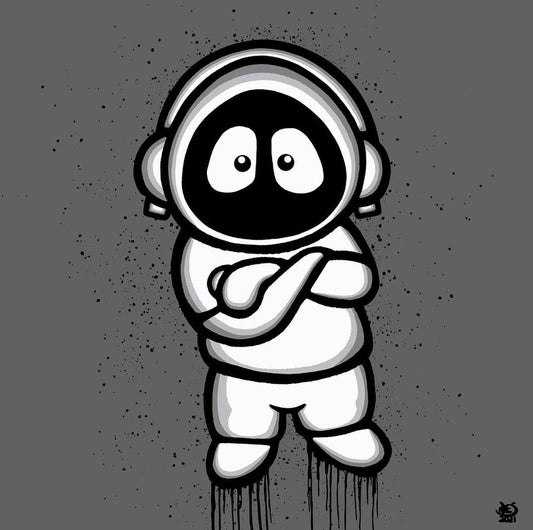 Black and white artwork of Hoodie Boy, arms folded, on a gray background.