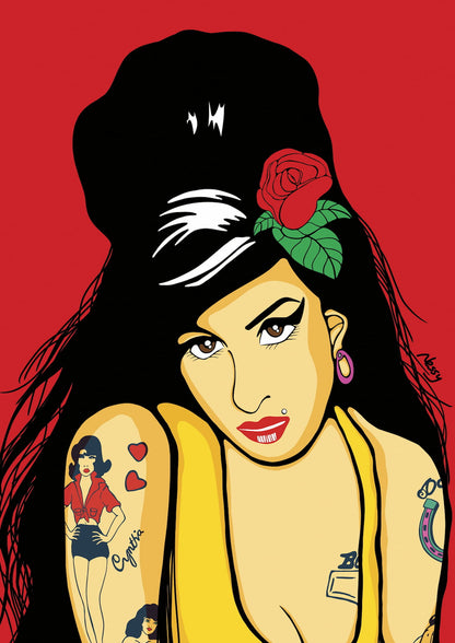 Illustration of Amy Winehouse with tattoos and a red rose in hair against a red background