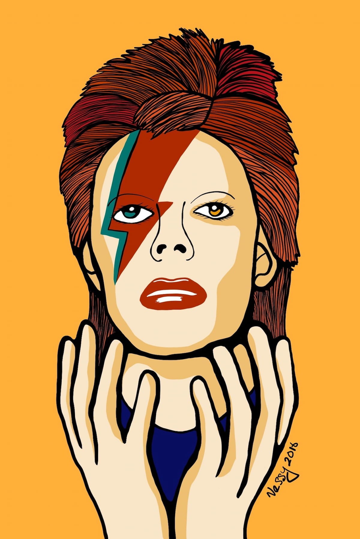 Illustration of David Bowie with a distinctive hairstyle and makeup on an orange background