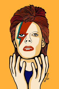 Illustration of David Bowie with a distinctive hairstyle and makeup on an orange background