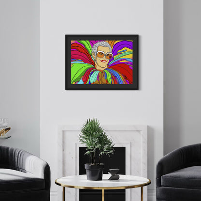 Stylized cartoon portrait of Elton in his iconic chicken suit—round glasses, silver head dress, and multicolored feathered costume set against vibrant pop-art backdrop of red, green, purple, yellow, and blue. Giclée print, A2 from Nessy Pop Art.