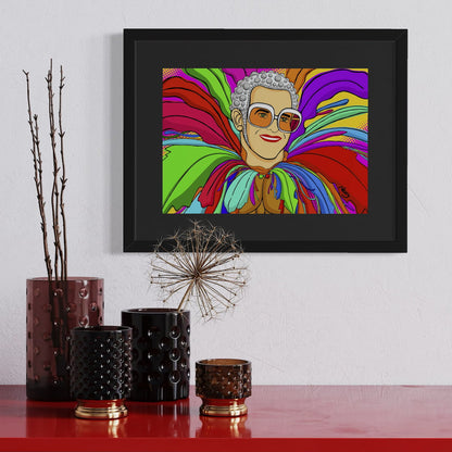 Stylized cartoon portrait of Elton in his iconic chicken suit—white-framed glasses, silver head dress, and multicolored feathered costume set against vibrant pop-art backdrop of yellow, pink, and orange. Giclée print, A4 from Nessy Pop Art.
