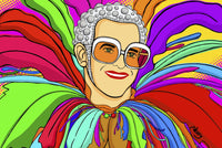 Stylized cartoon portrait of Elton in his famous chicken suit—white-framed glasses, silver head dress, and multicolored feathered costume set against vibrant pop-art backdrop of yellow, pink, and orange. Hero image from Nessy Pop Art