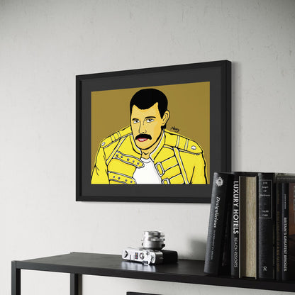 Framed artwork of Freddie Mercury in a yellow jacket on a wall above a shelf with books and a camera.