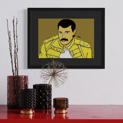 Framed artwork of Freddie Mercury in a yellow jacket on a wall above decorative vases.