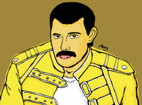 Illustration of Freddie Mercury wearing a yellow jacket on a brown background