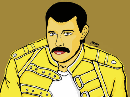 Illustration of Freddie Mercury wearing a yellow jacket on a brown background