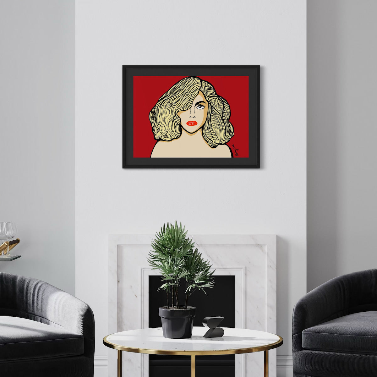 Gaga in red—blonde waves, bold lashes, and lips that dare. A2 giclée from Nessy Pop Art, framed above a marble fireplace in a modern living room. A pop icon rendered in pure attitude.