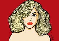 Gaga in red—blonde waves, bold lashes, and lips that dare. Hero image from Nessy Pop Art. A pop homage in comic-book contrast.