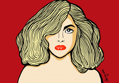 Gaga in red—blonde waves, bold lashes, and lips that dare. Hero image from Nessy Pop Art. A pop homage in comic-book contrast.