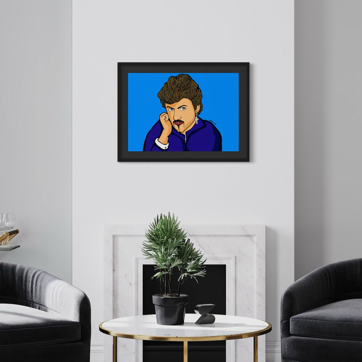 George Michael in deep blue, gaze turned and hand resting gently—quiet charisma framed in bold blue. A2 giclée from Nessy Pop Art, staged above a marble fireplace in a modern living room