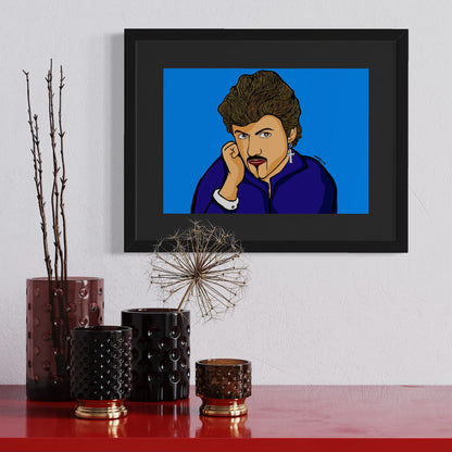 George in deep blue, head in hand, cross glinting at the ear—quiet glamour against a bold blue sky. A4 giclée from Nessy Pop Art