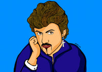 George in blue, lost in thought—soft waves of hair, silver cross catching the light, and that unmistakable hand-on-face pose. A pop-blue backdrop frames the quiet drama. Hero image from Nessy Pop Art.