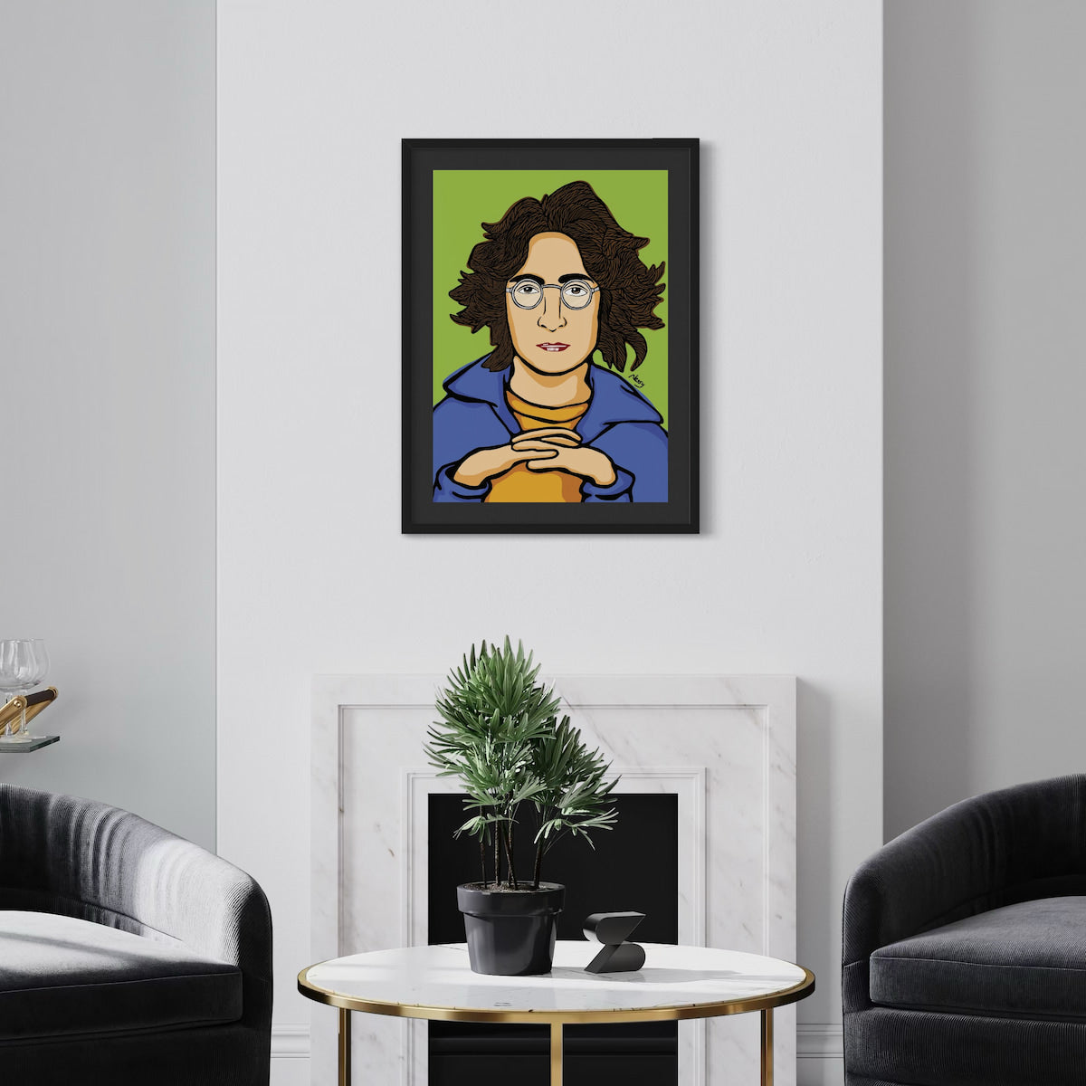 Stylized cartoon portrait of John Lennon—wavy brown hair, round glasses, blue jacket over yellow shirt, hands clasped against soft green backdrop. Giclée print, A2 from Nessy Pop Art.