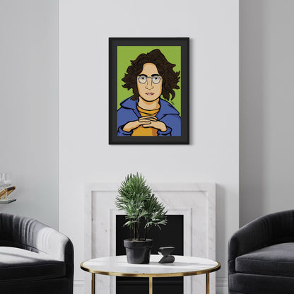 Stylized cartoon portrait of John Lennon—wavy brown hair, round glasses, blue jacket over yellow shirt, hands clasped against soft green backdrop. Giclée print, A2 from Nessy Pop Art.