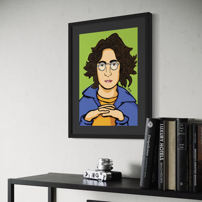 Stylized cartoon portrait of John Lennon—wavy brown hair, round glasses, blue jacket, and yellow shirt, hands clasped against soft green backdrop. Giclée print, A3 from Nessy Pop Art