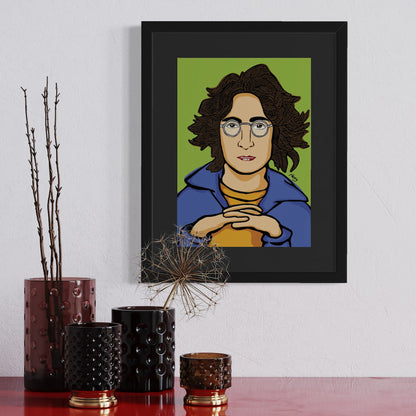 Stylized cartoon portrait of John Lennon—wavy brown hair, round glasses, blue jacket, and yellow shirt, hands clasped against soft green backdrop. Giclée print, A4 from Nessy Pop Art