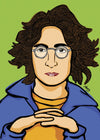 Stylized cartoon portrait of John Lennon—wavy brown hair, round glasses, blue jacket, and yellow shirt, hands clasped against soft green backdrop. Hero image from Nessy Pop Art.