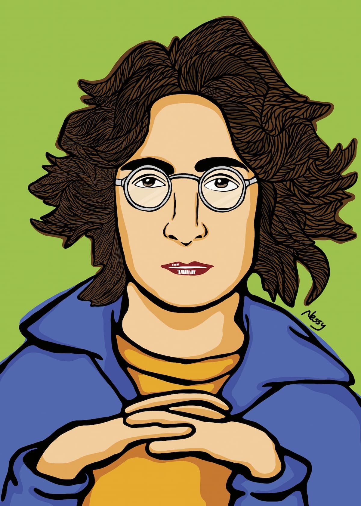 Stylized cartoon portrait of John Lennon—wavy brown hair, round glasses, blue jacket, and yellow shirt, hands clasped against soft green backdrop. Hero image from Nessy Pop Art.