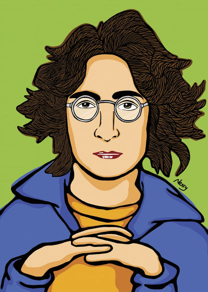 Stylized cartoon portrait of John Lennon—wavy brown hair, round glasses, blue jacket, and yellow shirt, hands clasped against soft green backdrop. Hero image from Nessy Pop Art.