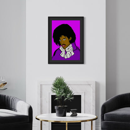 Framed artwork of Prince on a wall in a living room setting.