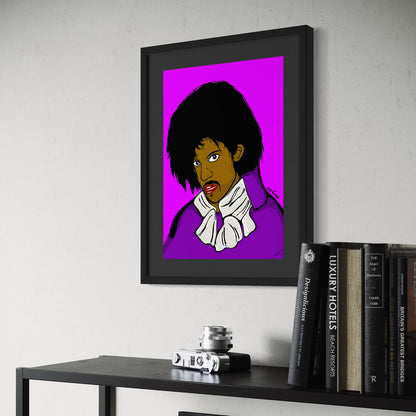 Framed artwork of Prince with a purple background on a wall above a shelf.