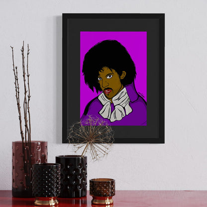 Framed artwork of Prince with a purple background on a wall above decorative vases.