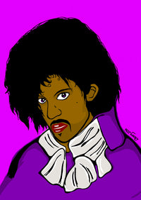 Illustration of Prince with a white collar against a purple background