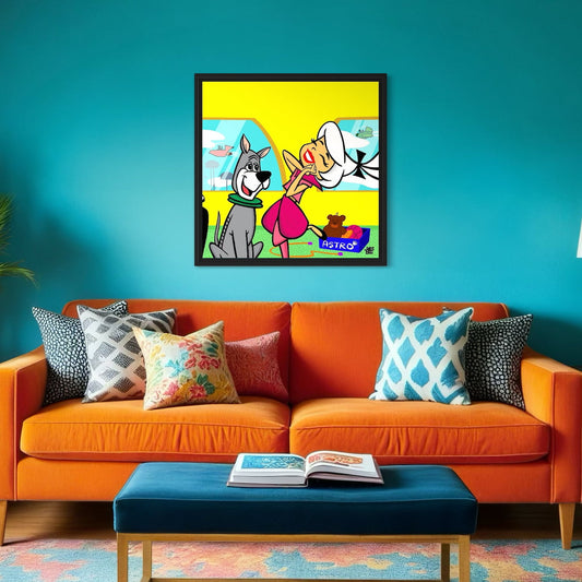 Living room with orange sofa, colorful pillows, and a framed cartoon poster on a blue wall.