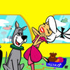 Cartoon characters in a vehicle with a yellow background