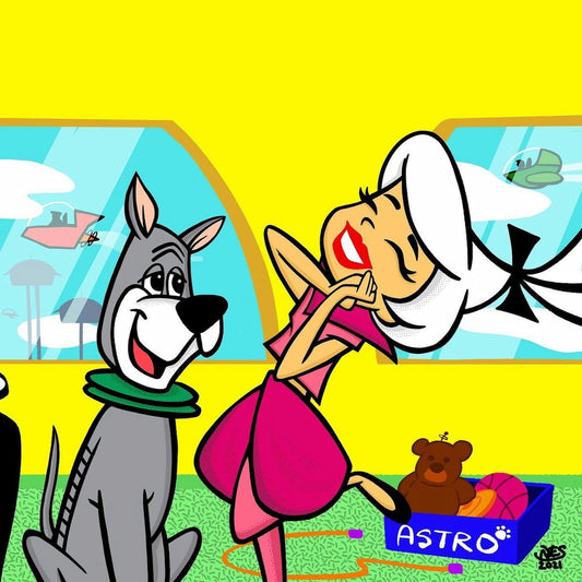 Cartoon characters in a vehicle with a yellow background