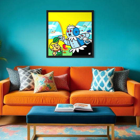 Living room with orange sofa, colorful pillows, and a framed cartoon poster on a blue wall.