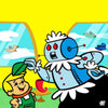 Cartoon character with a fish and a boy in a colorful setting