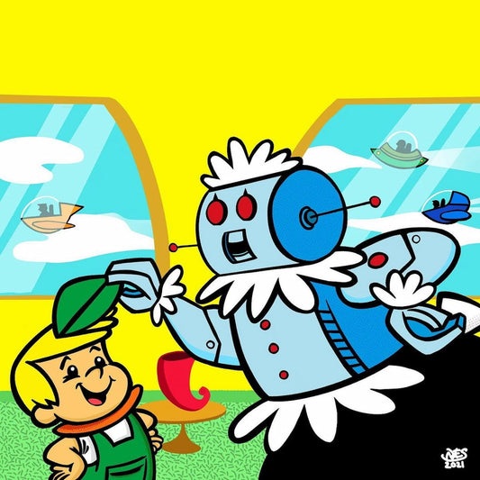 Cartoon character with a fish and a boy in a colorful setting