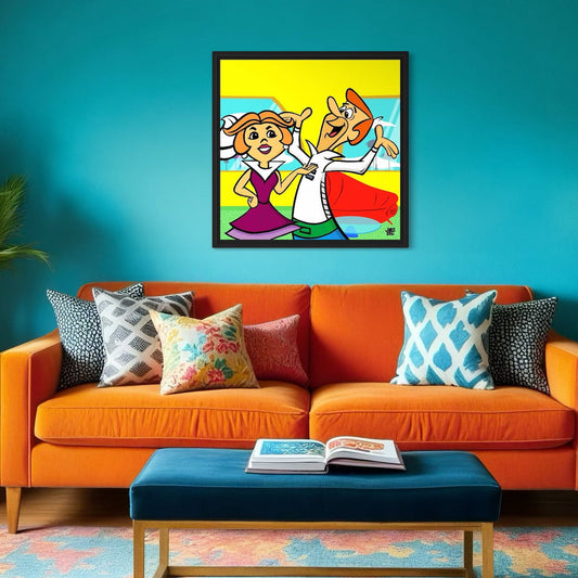 Colorful abstract painting of two cartoon characters on a blue wall above an orange couch with patterned pillows.