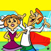 Cartoon characters in a colorful setting with a car in the background