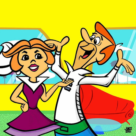 Cartoon characters in a colorful setting with a car in the background
