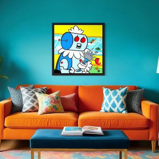 Colorful living room with an orange sofa, blue ottoman, and a framed cartoon character on the wall.