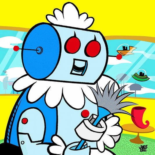 Cartoon robot character with red eyes and a blue body in a colorful outdoor setting