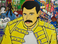 Colorful mixed media artwork of Freddie Mercury in a yellow jacket with a vibrant, abstract background