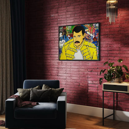 Living room with a red brick wall, blue armchair, and framed artwork of Freddie Mercury in a yellow jacket.